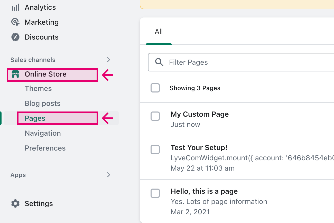 Click "pages" in the online store menu