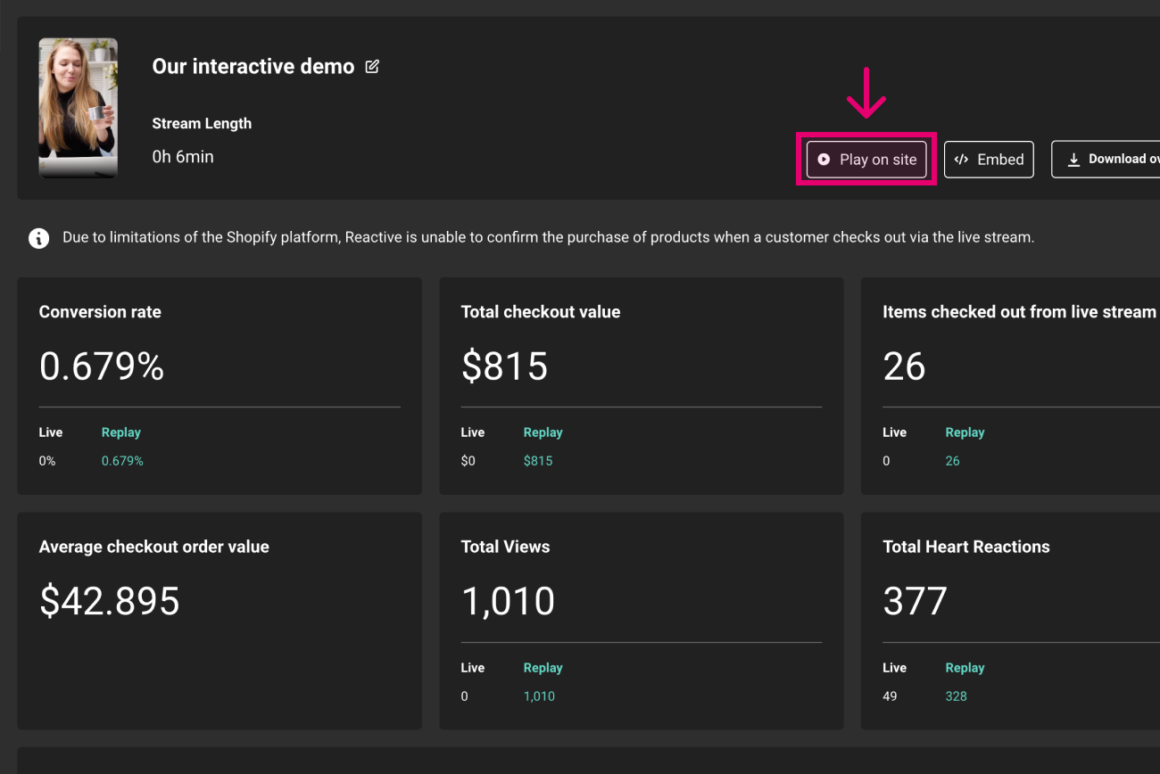 Click 'play on site' button