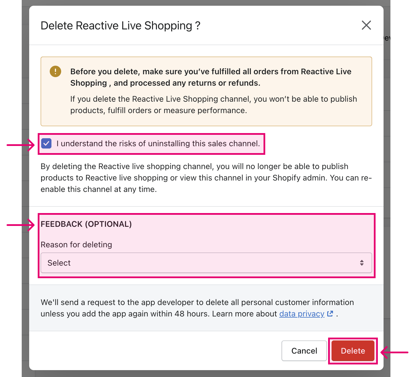check box to confirm and click delete