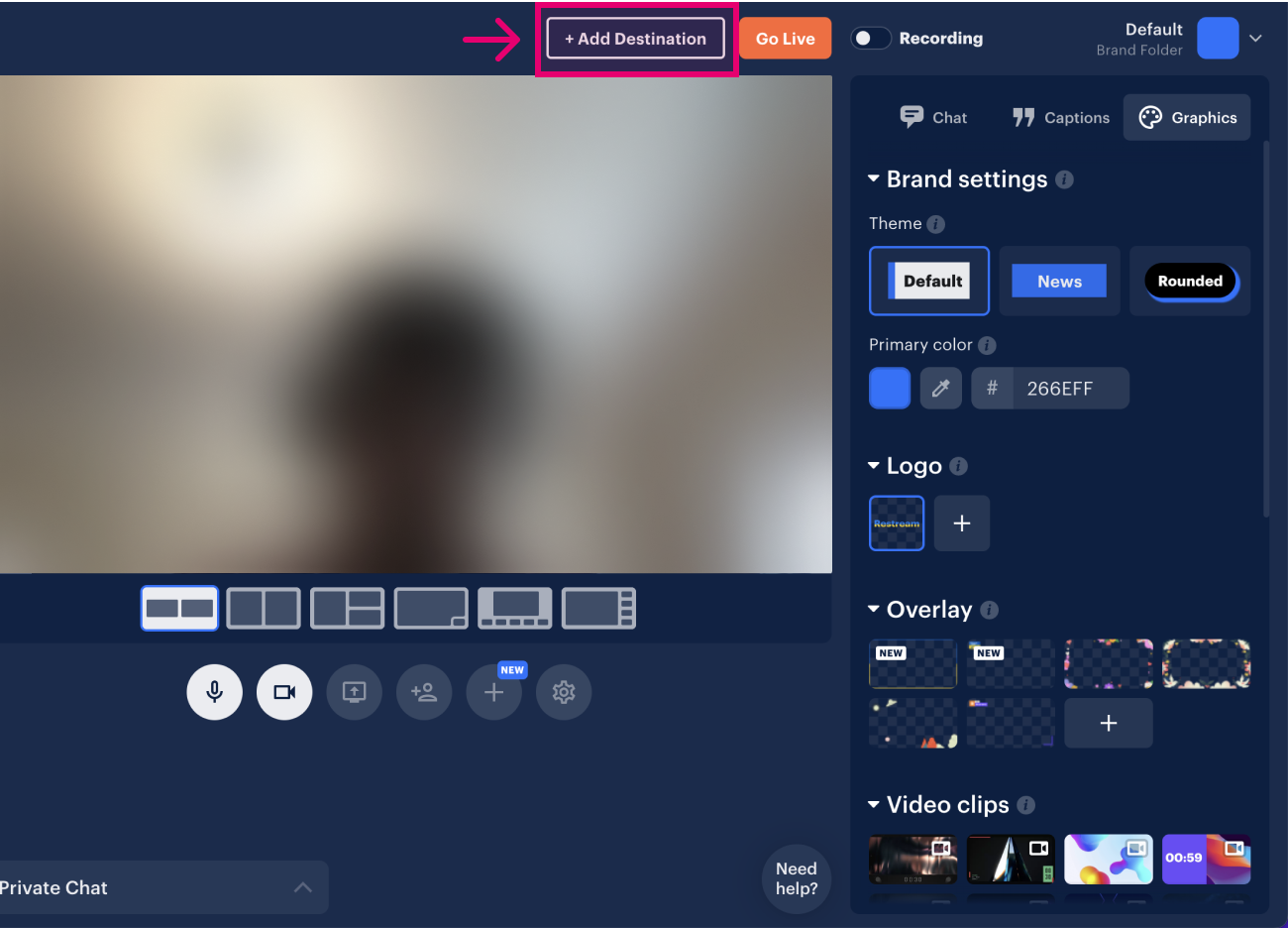 Start stream and add custom RTMP as destination
